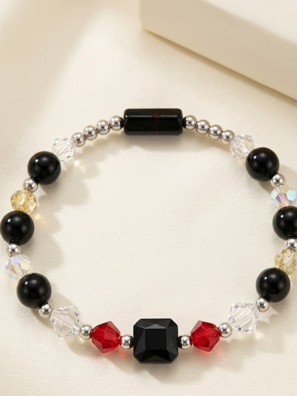 Black Bead & Crystal Handmade Stretch Bracelet with Red Accent